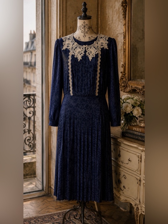 Scott McClintock Dresses & Skirts - Vintage Scott McClintock Navy Lace Pleated Midi Dress Cottagecore Victorian